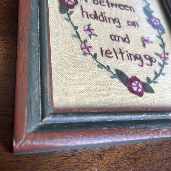 Crewel Embroidery Wood Framed Primitive Sentiment Green & Maroon Wall Art - Picture 2 of 7
